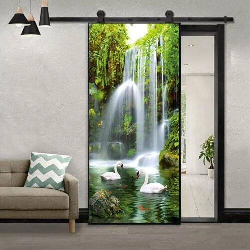 Love Swan Lake Waterfall DIY Door Sticker Home Decoration Wall Stickers Kitchen Art Mural Peel & Stick Waterpoof Vinly Wallpaper