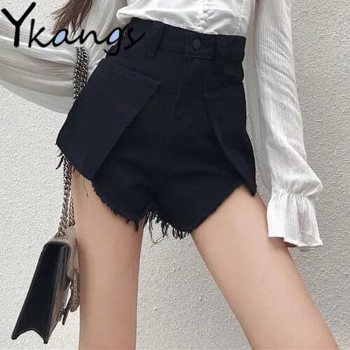 Oversized Frayed Denim Shorts Korean Style All-match Womens High Waist Shorts Outdoor Leisure Breathable Ladies Wide-leg Shorts