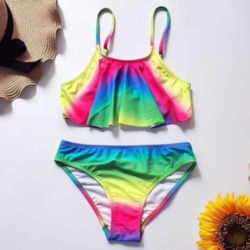 6-16 Years Girl Swimsuit Kids Teenage Girl Bikini Set Falbala Two Piece Childrens Swimwear Rainbow Girls Bathing Suit Beachwear