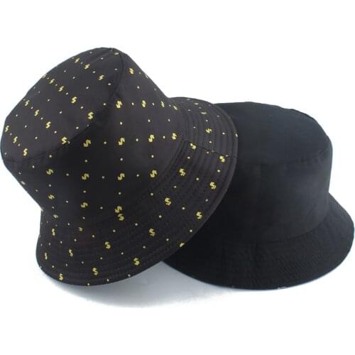 New Dollar symbol Print Black Bucket Hats Harajuku Hip Hop Cap Bob Chapeau Men Women Summer Fisherman Hat