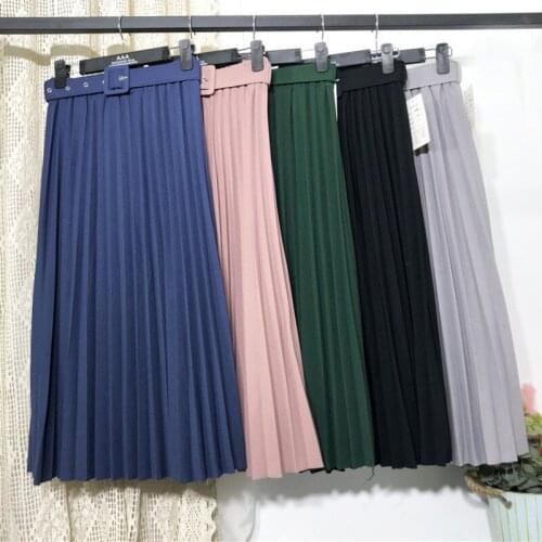 DSTWJMX Autumn Winter Casual Chiffon A-Line Skirt Women Skirts 2021 New High Waist Vintage Solid Long Pleated Skirt With Belt