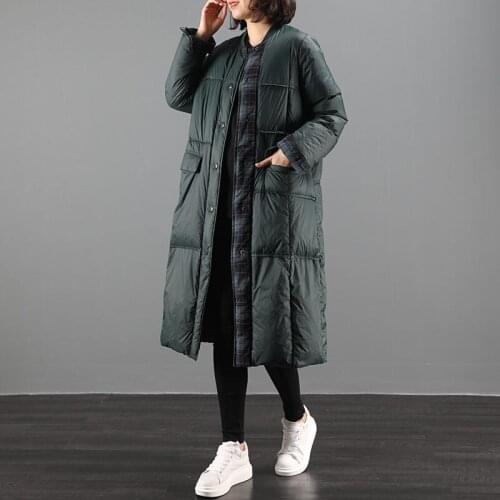 Down Jacket Womens Plus Size Loose Literary Retro Plaid Stitching Long White Duck Down Jacket Winter Coat Female Overcoat K1188