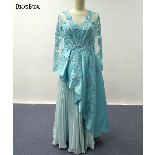 2017 A-line Evening Dresses with Scoop Neckline Floor Length Long Sleeves Pleats Chiffon Appliques Beaded Party Prom Gowns