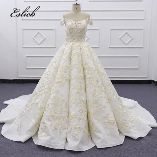 SJ198 Luxury Dubai Arabic Lace Beads Sequined Applique Chapel Train Wedding Dress ball gown Bridal Gowns