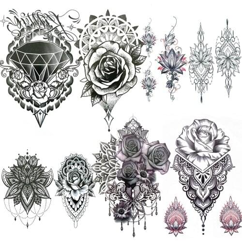 Dot Pattern Flower Tatoos Sticker For Women Sexy Body Art Painting Temporary Tattoos Black Henna Rose Lotus Fake Jewelry Tatoos
