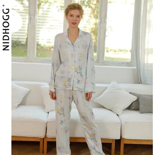2021 Spring Women Satin Pajamas Purple Rose Flower Print Loungewear Long-sleeved Trousers Sleepwear Viscose Two Piece Home Suit