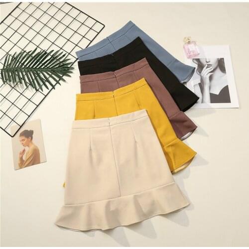 Female Fashion A Line Skirt Solid Ruffled High Waist Stretch Skirt Girls Cotton Cute Sweet Sexy Short Mini Mermaid Skirt Women