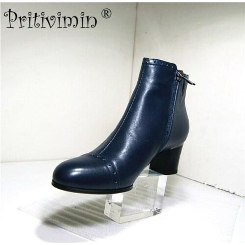 Pritivimin FN210 Fashion Ladies High Heels Ankle Boots Handmade Shoes deeper Blue cow leather+ Black Patent leather Boots