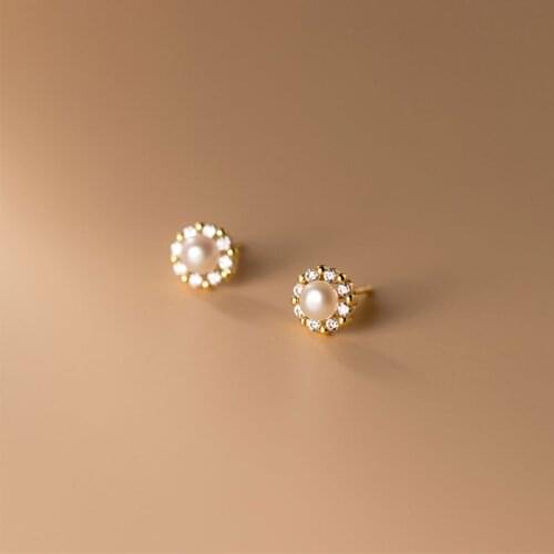AIFENAO Real 925 Sterling Silver Round CZ Pearl Stud Earrings for Women Girl Korean Luxury Jewelry Female Trendy Gift Wholesale