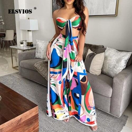 Sexy Strapless Lace-up Women Printed Loose Two Piece Set Summer Fashion Sleeveless Wide-leg Long Pants Elegant Holiday Party Set