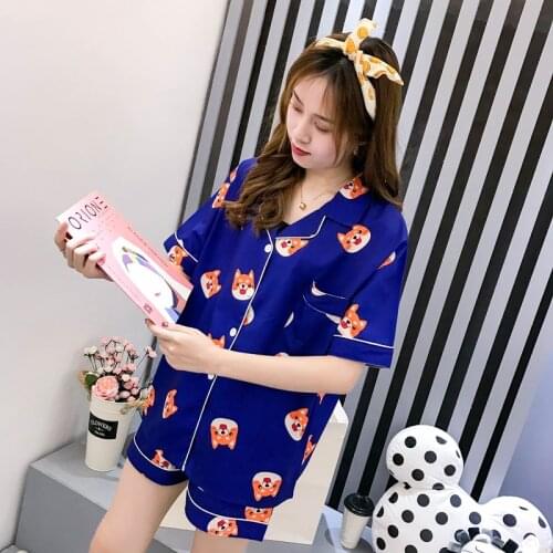 Women Pajama Set Summer Cartoon Harajuku Shiba Inu Printed Kawaii Pyjamas Korean Japanese Anime Dog Pijama Mujer Silk Sleeepwear