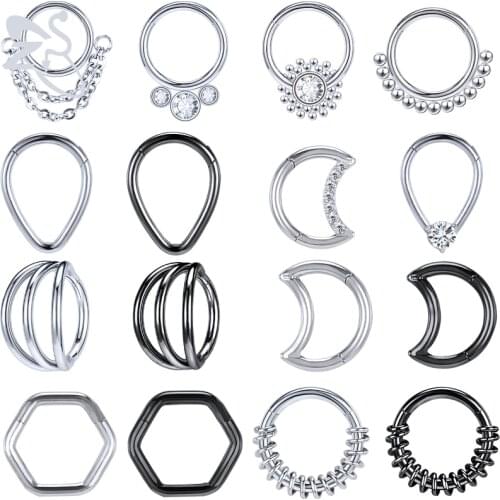 ZS 16G 316L Stainless Steel Septum Nose Ring Zirconia Septum Clicker Moon Water Droplet Nose Piercing Ear Tragus Helix Piercings