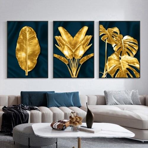 Abstract Golden Blue Plant Leaves Picture Wall Poster Modern Style Canvas Print Painting Art Aisle Living Room Unique Decoration