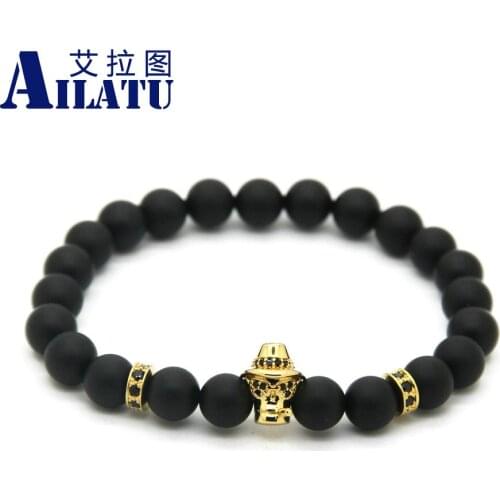 Ailatu Wholesale 10pcs/lot 8mm Black Matte Onyx Stone with Micro Pave Black Zircons Music Cigaratte Skeleton Skull CZ Bracelets