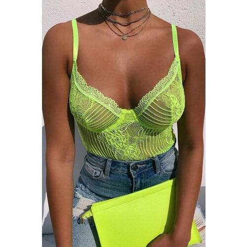 BKLD 2019 Summer Neon Green V-Neck Lace Spaghetti Strap Bodysuit Women New Transparent Sexy Bodysuit Jumpsuit Overalls Party
