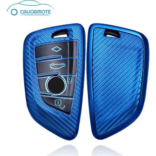 TPU Car Key Cover For BMW X1 X2 X3 X4 X5 X6 X7 5 6 7 Series Carbon Fiber Remote Key Shell with Keychain Protective Key Case