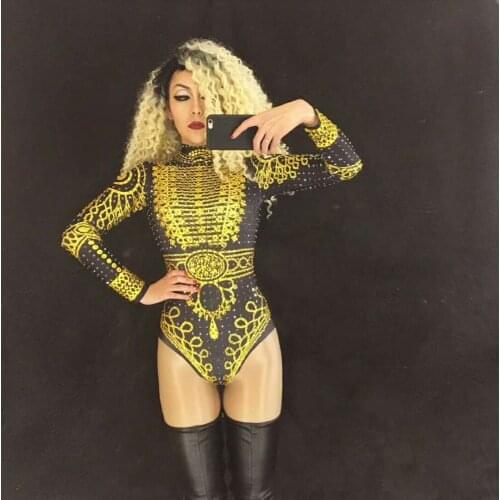 Black Gold Rhinestones Printed Long Sleeve Sexy Stage Leotard Singer Dance Costume Stage Nightclub Women Birthday Show Bodysuit