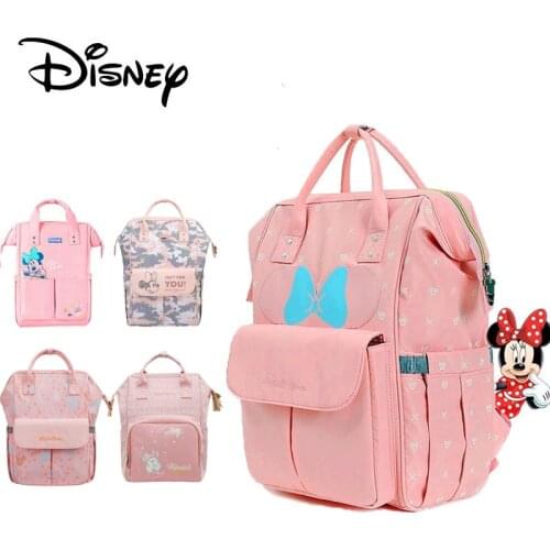 Disney Minnie Pink Series Maternity Diaper Bag USB Heating Baby Care Bag Mummy Large Capacity Nappy Backpack For Moms Waterproof