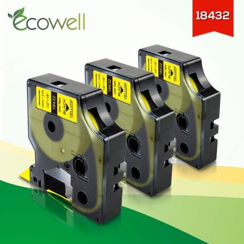 Ecowell 3Pcs Compatible for Dymo Rhino Vinyl Labels 18432 12mm*5.5m Black on Yellow for Dymo Rhino Label Maker 4200 5000 5200
