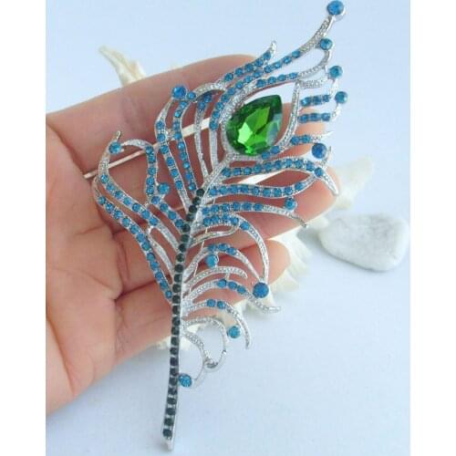Elegant 4.92" Green Rhinestone Crystal Peacock Feather Brooch Pin EE05860C9