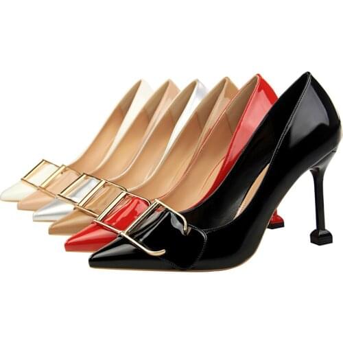 European and American style professional fine heel patent leather shallow mouth pointed metal belt buckle womens single shoes
