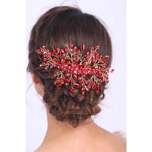 Exotic Shiny Red Crystal Headwear Wedding Bridal Hair Comb Decorative Charm Stage show Hair Vine for women