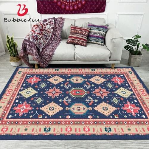 Bubble Kiss Ethnic Style Blue Geometric Pattern Carpets for Living Room Home Decor Thickened Area Rugs for Bedroom Floor Mats