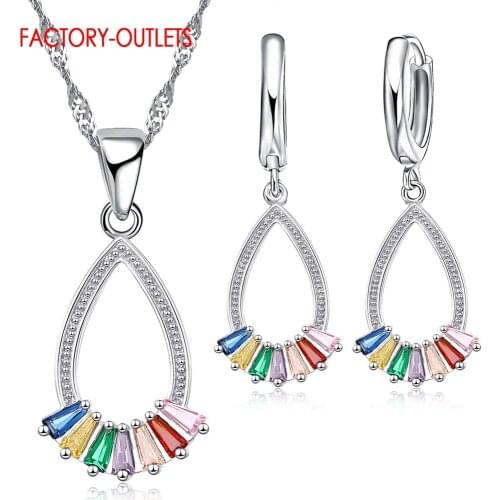 Rainbow Color Crystal Jewelry Set Real 925 Sterling Silver Earrings Necklace Jewelry Sets Wedding Jewelry Women Girls Nice Gift