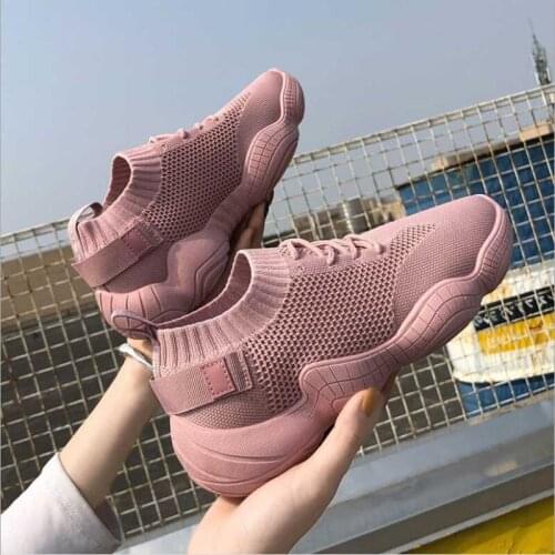 Spring White Platform Sneakers Women Casual Shoes Korean Breathable Knitting Sock Shoes Women Sneakers Ladies Pink Lace Up 2021