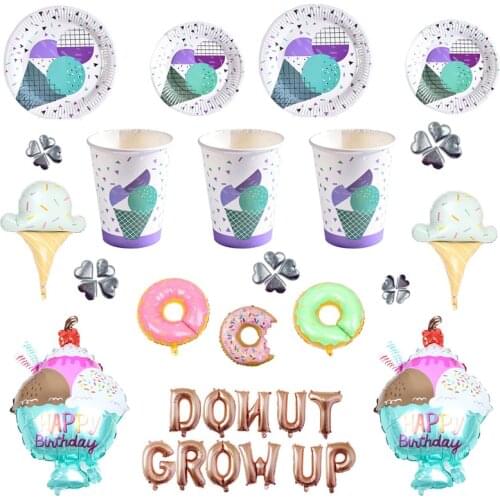 Sweet Cone Ice Cream Children Donut Party Background Doughnut Grow up Balloon Birthday Party Supplies Disposable Tableware Set