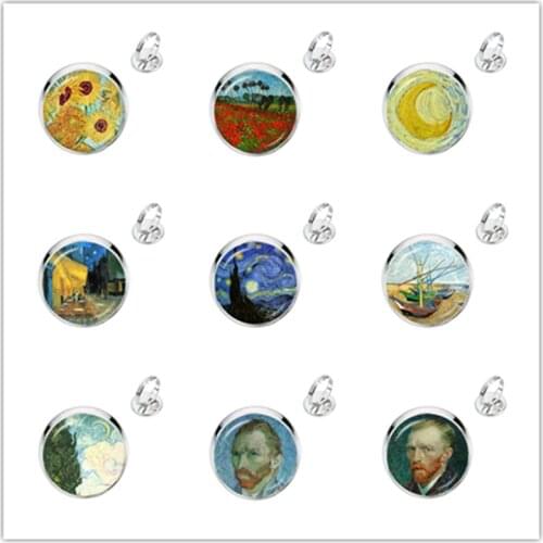 Fashion Silver Color Simple Style Rings Van Gogh Famous Artist Starry Night Adjustable Rings Glass Cabochon Jewelry Kids Gifts