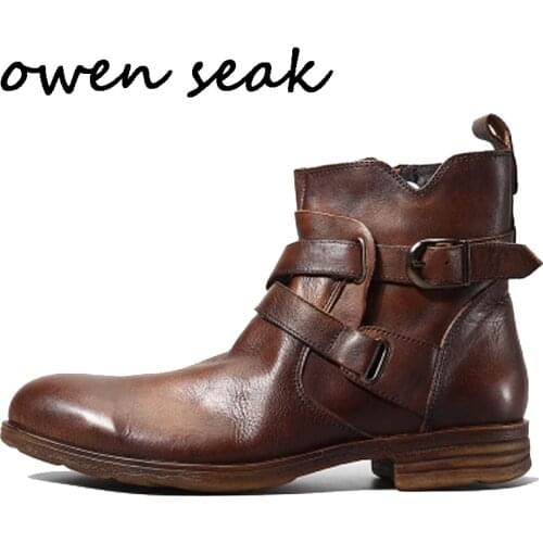 Owen Seak Men Shoes Casual High Ankle Luxury Trainers Genuine Leather Handmade Retro Riding Boots Lace Up Flats Black Shoes