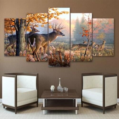 Wall Art Canvas Painting 5 Panel Modern Wall Hd Printed Forest Deer Landscape Modular Poster Frame Home Living Room Decor