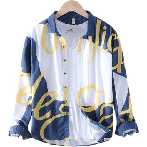Long Sleeve Print Shirts for Men Pure Linen Summer New Casual Tops Male Blue Turn Down Collar Blouse Japanese Fashion Clothes