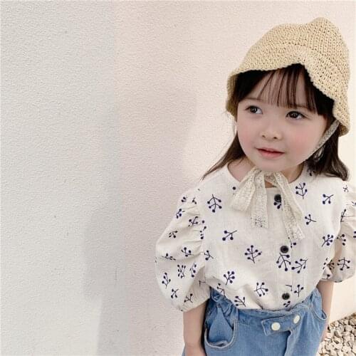 Japanese style girls puff sleeve floral shirts 2020 linen loose single-breasted printing shirt clothes
