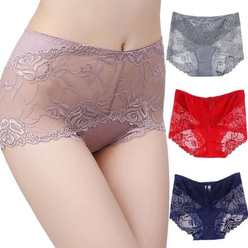Sexy Women Solid Color High Waist Lace See Through Underpants Elastic Briefs