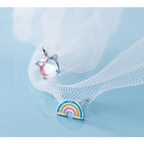 100% Real 925 Sterling Silver Wonderful Crystal Rainbow Unicorn Stud Earrings For Women Girls Daughter High Quality Jewelry