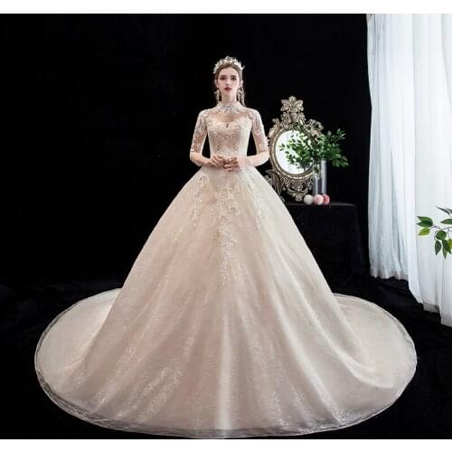 2020 Wedding Dress With Train High Neck Full Sleeve Luxury Lace Embroidery Ball Gown Vintage Wedding Dresses Vestido De Noiva