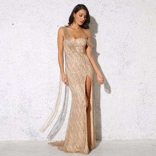 One Shoulder Backless Floor Length Sparkle Glittered Party Dress Gold Split Backless Sexy Evening Night Maxi Dress