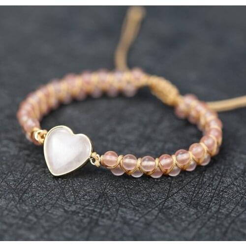 High quality Handmade pink heart shape Charm Bracelet natural Stone Beads String Braided Yoga Bangle Lovers Jewelry