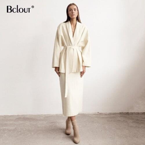 Bclout Woolen Cloth Elegant Midi Women Skirt Brown High Waist Pencil Skirts Winter Vintage Solid Long Lady Basic Casual Beige