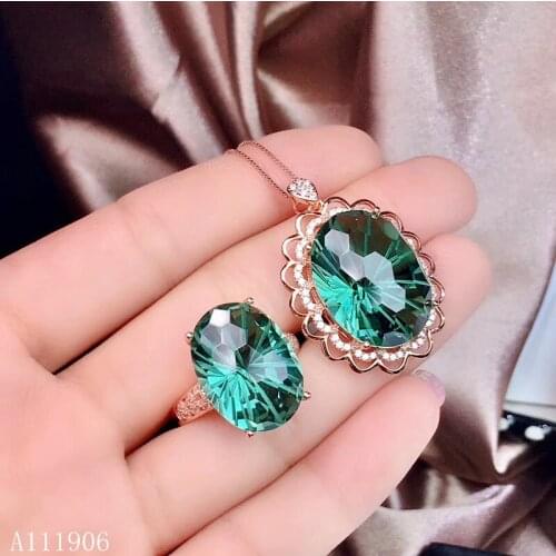 KJJEAXCMY boutique jewelry 925 sterling silver inlaid natural gemstone green crystal female ring + necklace pendant support test