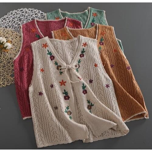 Mori Series Embroiedry Flower Hollow Out Vest Top Women V neck Sleeveless Sweater Vest