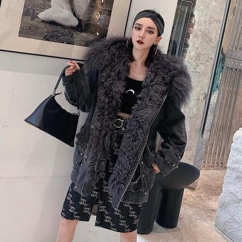 RosEvans Ins Denim Down Jacket Women Winter Real Wool Fur Coat 2020 New Mid-length Large Fur Collar Thick Loose Coat Oversized