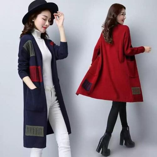 PEONFLY Casual Plaid Patchwork Long Cardigan Women New 2020 Spring Autumn Knitted Coat Pockets Long Women Warm Sweater Ladies
