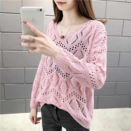 5 Color Women Thin Short Knitwear V-Neck Hollow Knit Pullover Ladies Harajuku Long sleeve Korean Loose Tops 2021 Autumn Jumper
