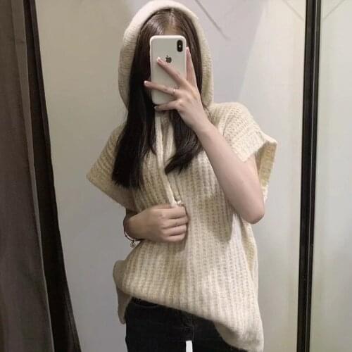 White Hooded Knitted Vest Casual Streetwear Chic Sweater Neutral Style Pullover Za Woman 2021 Spring Autumn Fashion Top Stylish