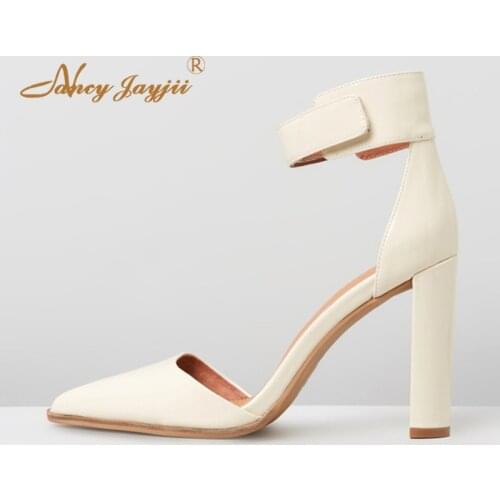 Beige Pink High Chunky Heel Enclosed Pointed Toe Sandals Woman Ankle Strap Hoop Loop For Ladies Shoes Large Size 11 12 Fashion