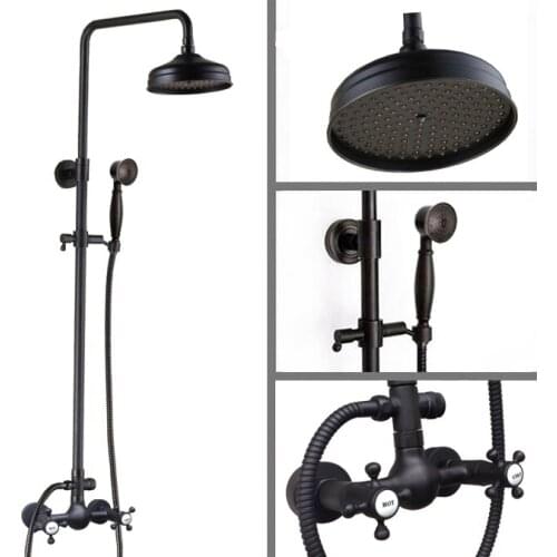 Black Oil Rubbed Brass Dual Cross Handles Bathroom 8 Inch Round Rain Shower Faucet Set Bath Mixer Tap Hand Shower mrs497