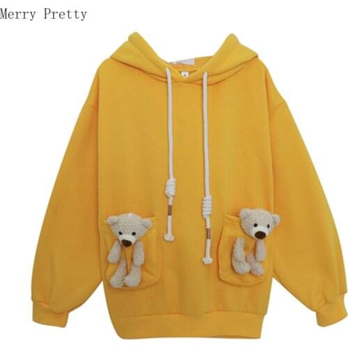 Fleece Cartoon Bear Appliques Cute Oversize Hooded Sweatshirt Women 2021 Winter Long Sleeve Warm Hoodies Female Basic Top